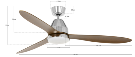 Beacon Whitehaven plafondventilator geborsteld chroom 142 cm met licht 213045 afmetingen