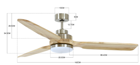 Beacon Shoalhaven Light plafondventilator geborsteld chroom 142 cm + lamp 213053 afmetingen