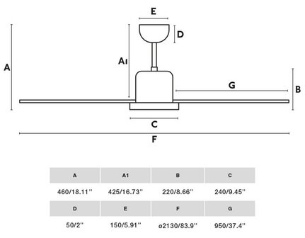 Faro Barcelona Andoris XXL plafondventilator bruin 213 cm afmetingen