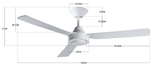 Beacon Calypso plafondventilator wit 122 cm 213015 afmetingen