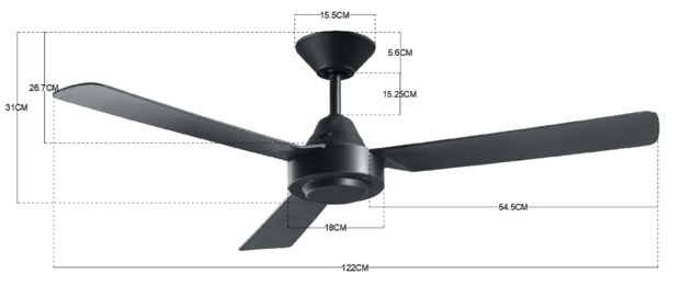 Beacon Calypso plafondventilator zwart 122 cm 213017 afmetingen