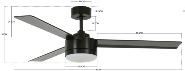 Beacon Babyside Lagoon plafondventilator zwart 132 cm met verlichting 213033 afmetingen