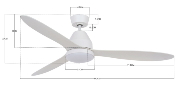 Beacon Whitehaven plafondventilator wit 142 cm met licht 213043 afmetingen